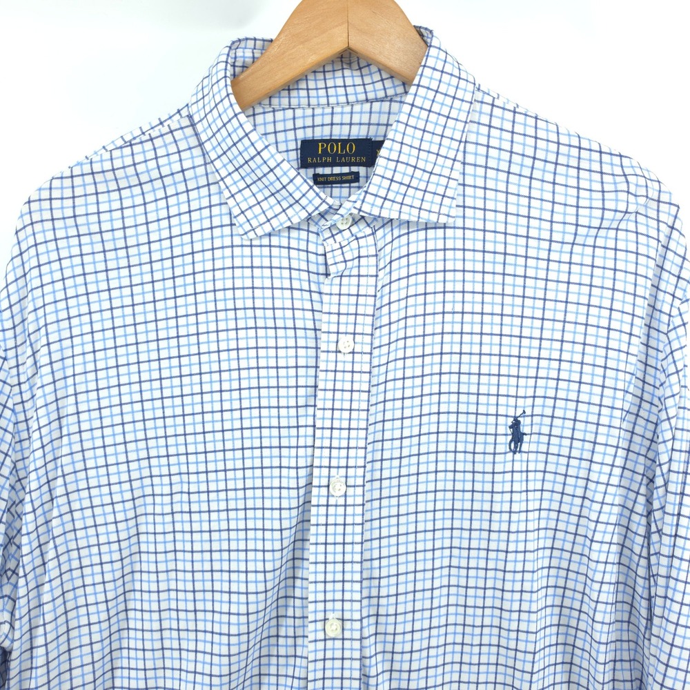 Polo Ralph Lauren Mens Knit Dress Shirt Pima Cotton Blue Check XL Soft Breathabl